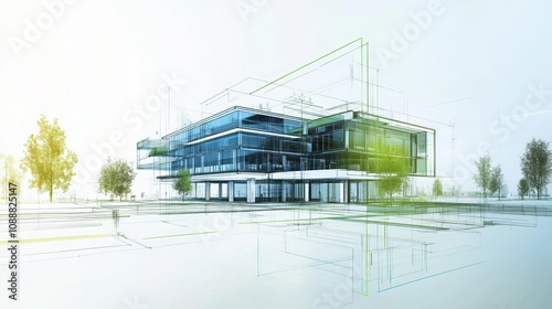 Blueprint of a zeroemission building, digital style, green and blue accents, clean layout