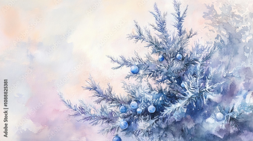 A watercolor illustration of a frosted tree branch adorned with blue ornaments. A watercolor illustration of a frosted tree branch adorned with blue ornaments.