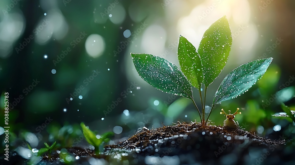 Young green plant sprouting from soil in natural environment with blurred background water droplets on leaves and soft bokeh light Concept of growth renewal and environmental sustainability Young green plant sprouting from soil in natural environment with blurred background water droplets on leaves and soft bokeh light Concept of growth renewal and environmental sustainability