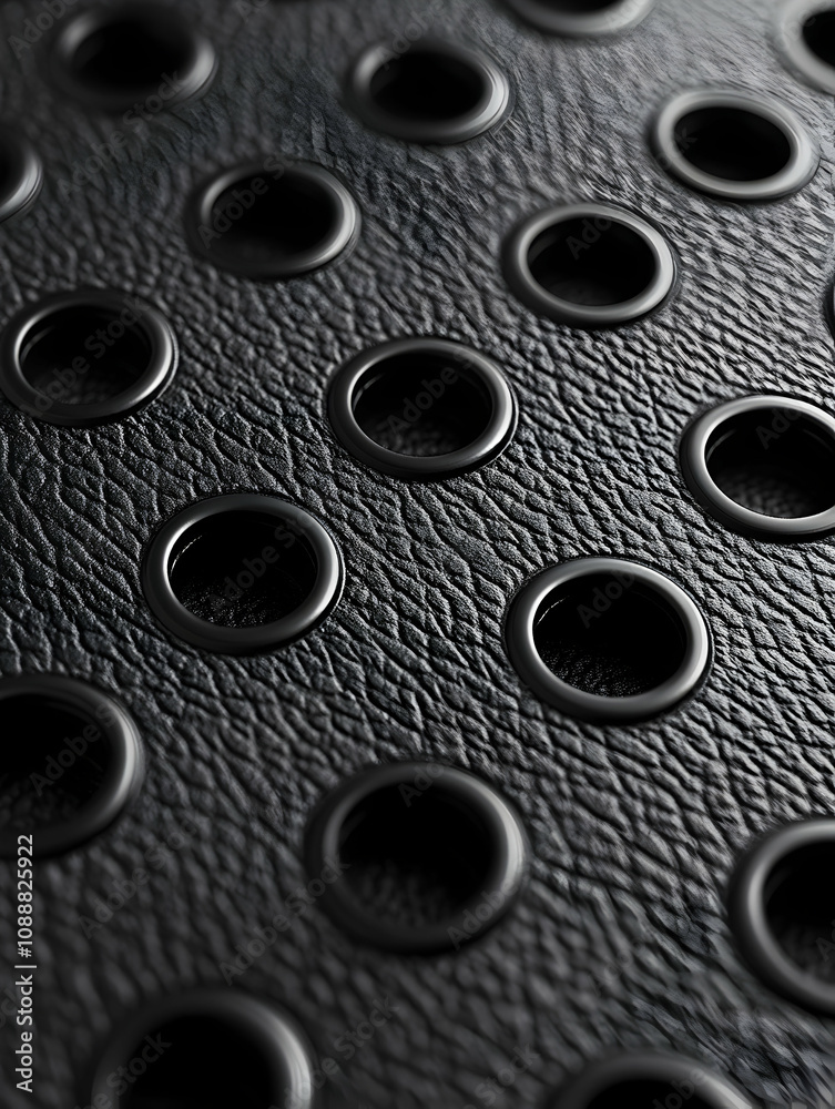 Close-up view of black perforated leather texture.