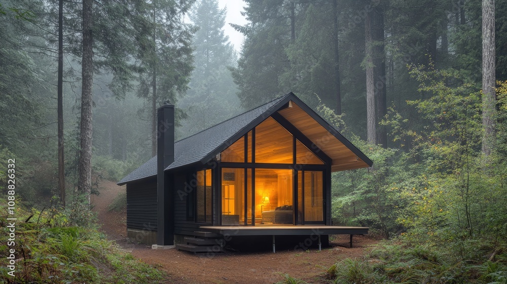 Small forest cabin with steep roof, misty background, warm light inside Small forest cabin with steep roof, misty background, warm light inside