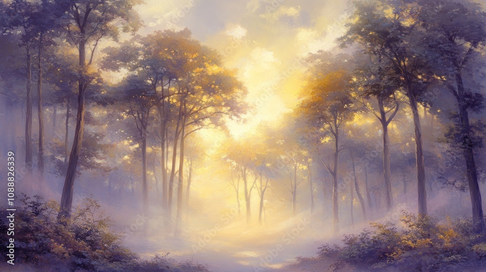 Serene Sunrise In A Misty Forest Path Serene Sunrise In A Misty Forest Path