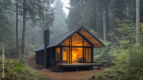 Small forest cabin with steep roof, misty background, warm light inside