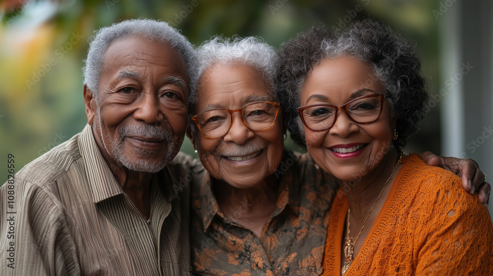 Cherishing friendship among three seniors outdoors during a sunny afternoon in a lush garden setting. Generative AI Cherishing friendship among three seniors outdoors during a sunny afternoon in a lush garden setting. Generative AI