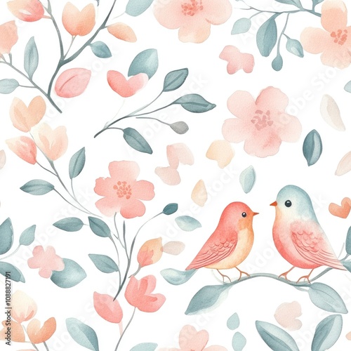 A whimsical pattern featuring birds and flowers in soft pastel colors.