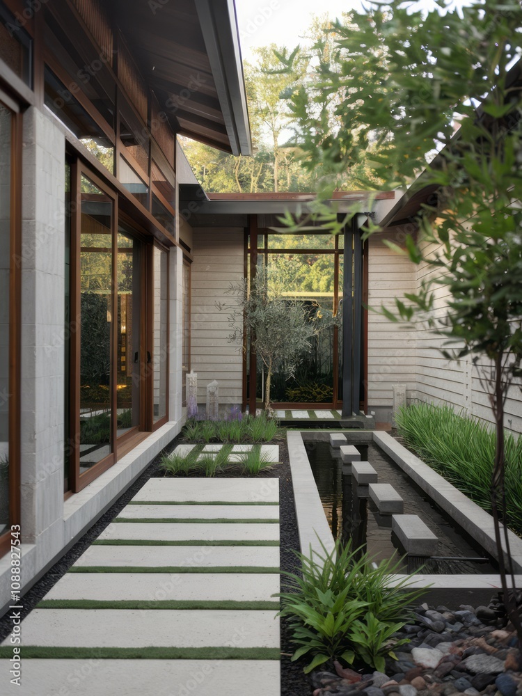 Obraz premium Modern Contemporary Home with Floor-to-Ceiling Windows and Beautiful Landscaping