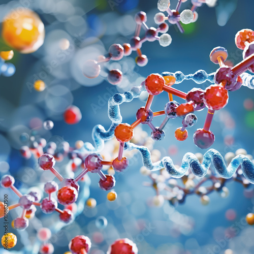 3D rendering of Biotechnology Research Concept with Scientist, Digital DNA Strands, and Data Icons, Neon Blue and Orange Glow photo