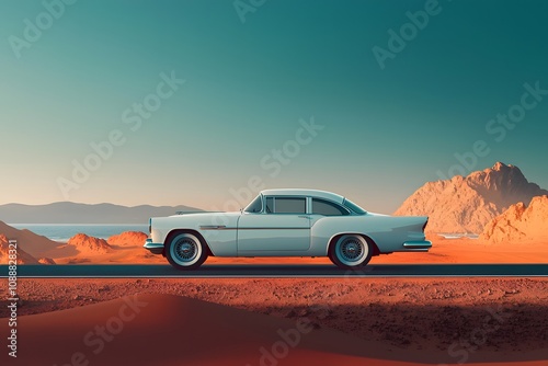 Vintage Travel Poster on the Wall Depicting a Classic Car Against a Scenic Desert Landscape with Mountains and Calm Waters in the Background