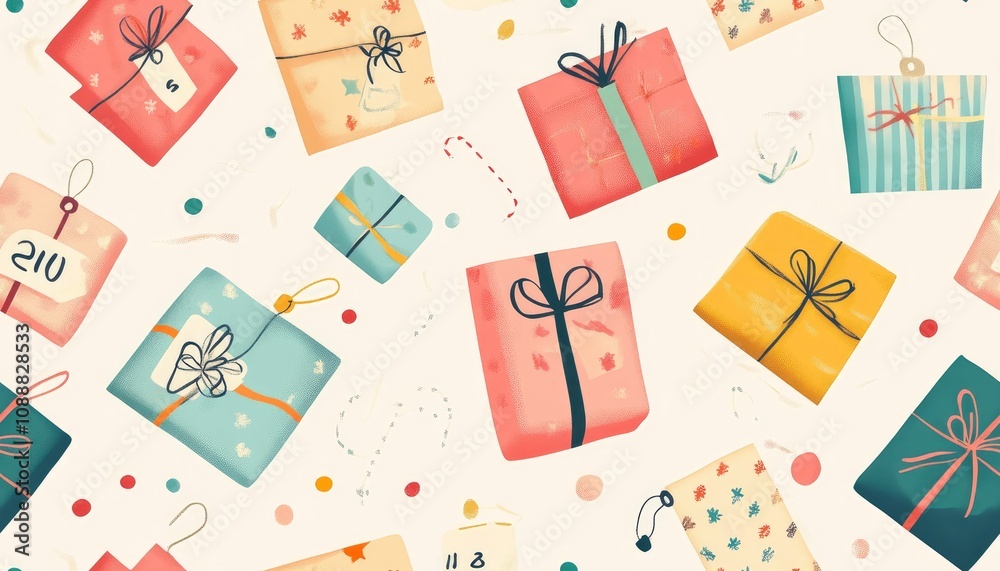 A whimsical pattern featuring colorful wrapped gifts and festive elements. A whimsical pattern featuring colorful wrapped gifts and festive elements.