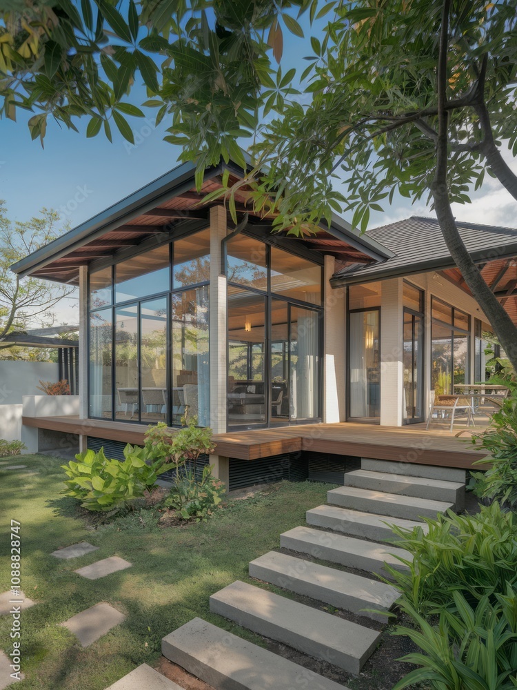 Obraz premium Modern Contemporary Home with Floor-to-Ceiling Windows and Beautiful Landscaping