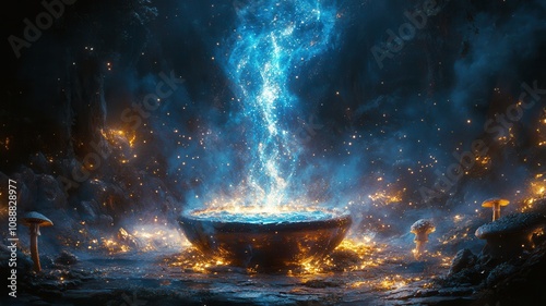 A mystical scene featuring a glowing cauldron emitting blue light, surrounded by enchanting mushrooms and a magical atmosphere.