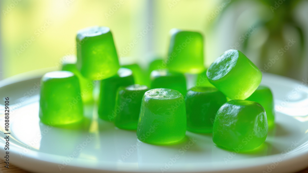 A plate of delicious green gummy vitamins made with spirulina and chlorella. A plate of delicious green gummy vitamins made with spirulina and chlorella.