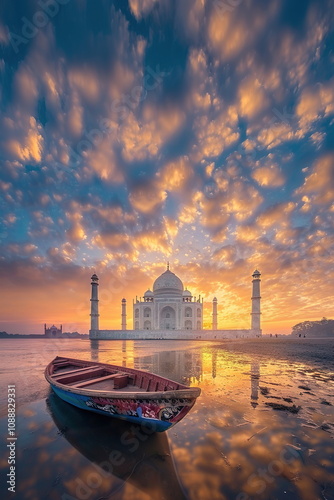 Tajmahal middle of the beach in sunrise with boat