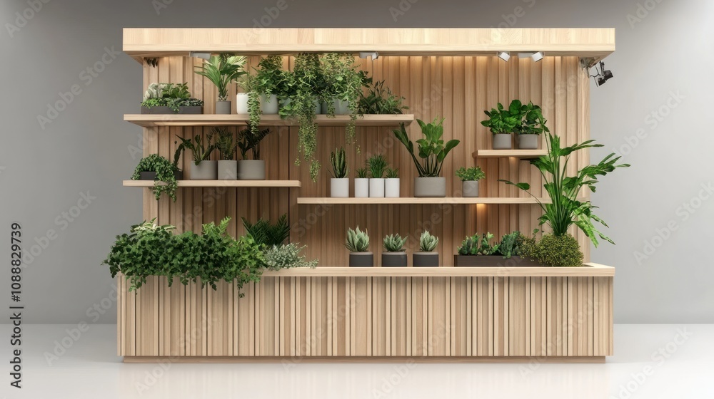 Wooden plant display shelves. Wooden plant display shelves.