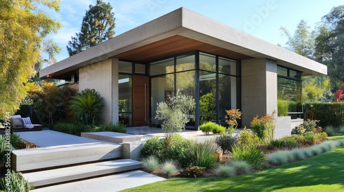Modern home with flat roof, clean concrete and glass design, minimalist garden