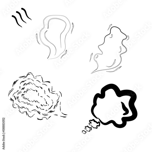 Steam Clouds Silhouette Set. Hand drawn Doodle Sketch Smoke, Clouds, Fog or Steam.