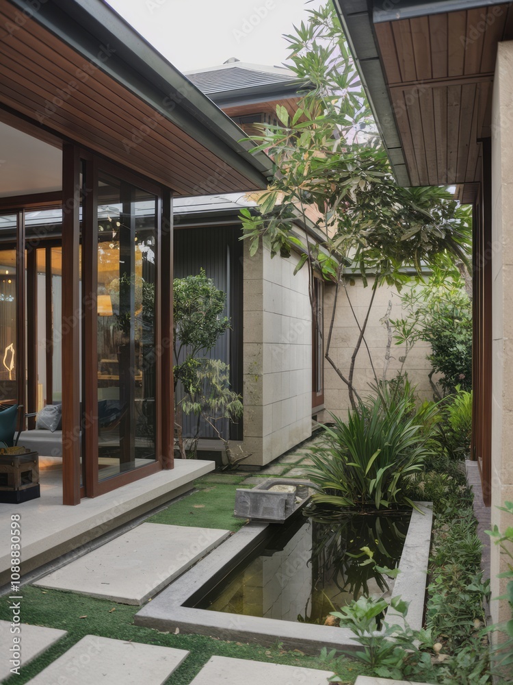 Obraz premium Modern Contemporary Home with Floor-to-Ceiling Windows and Beautiful Landscaping