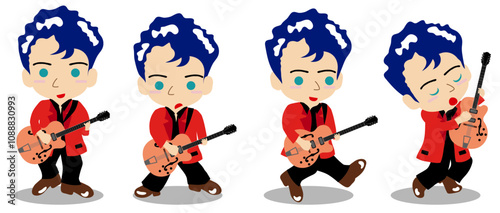 Rockabilly Guitarist Cartoon Character Set – Retro Music Performance Poses