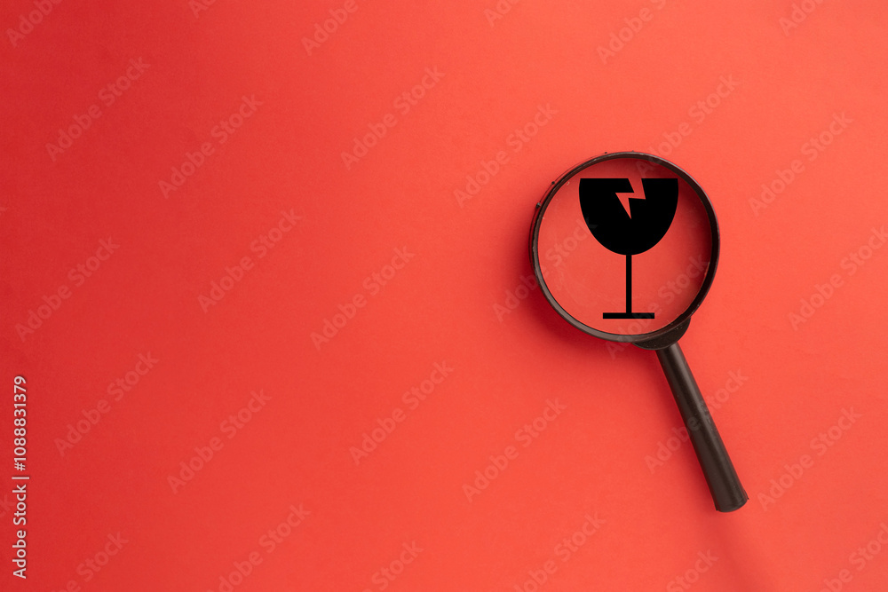 Magnifying Glass Focusing on Fragile Icon Symbolic Design for Delicate Handling, Safety in Shipping and Logistics, Packaging Warning,Caution Message.