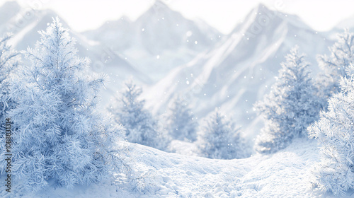 serene winter landscape featuring snow covered evergreen trees and majestic mountains in background, creating peaceful and tranquil atmosphere