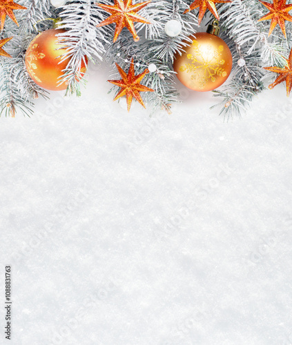 Obraz na płótnie Christmas tree branches with decorations on the background of natural snow with empty space for text. Flat lay. Christmas and New Year background. w salonie