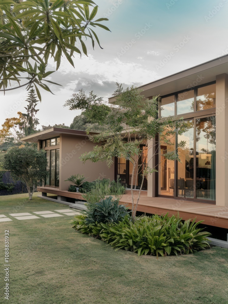 Obraz premium Modern Contemporary Home with Floor-to-Ceiling Windows and Beautiful Landscaping