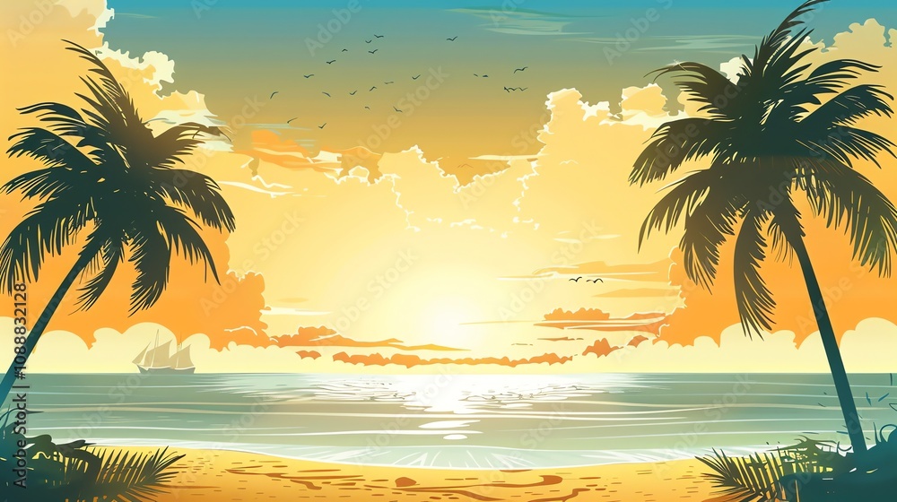 A cartoon illustration of a tropical beach at sunset with palm trees. A cartoon illustration of a tropical beach at sunset with palm trees.