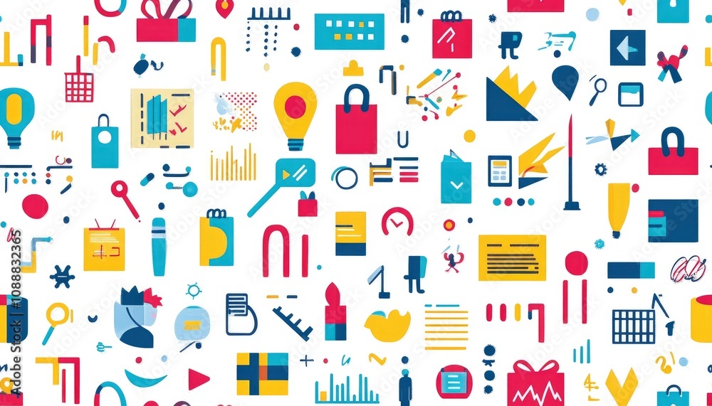 Colorful graphic pattern featuring various business and office-related icons and symbols.