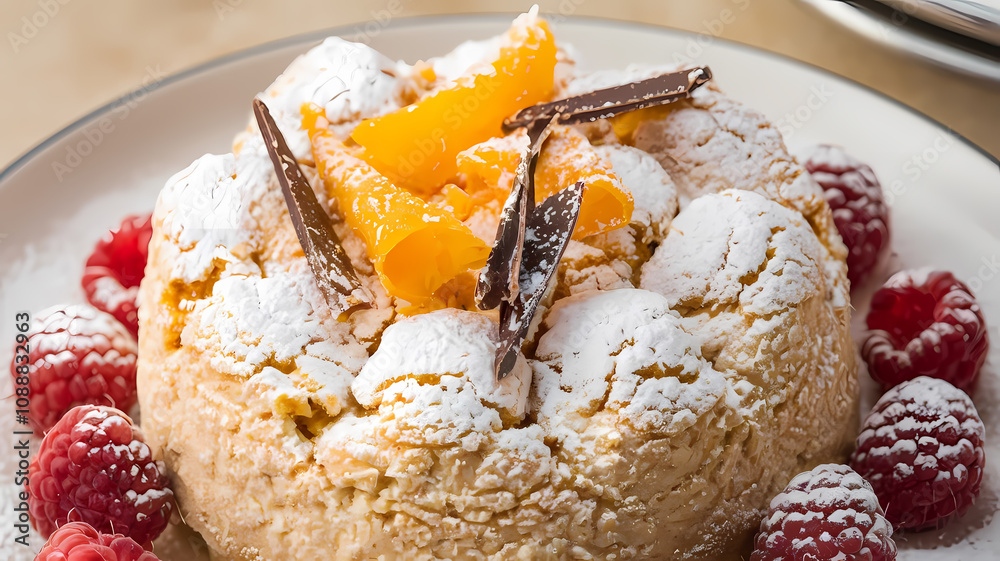 Whipped dessert topped with orange slices and chocolate shards, garnished with fresh raspberries and powdered sugar.
Whipped dessert topped with orange slices and chocolate shards, garnished with fresh raspberries and powdered sugar.