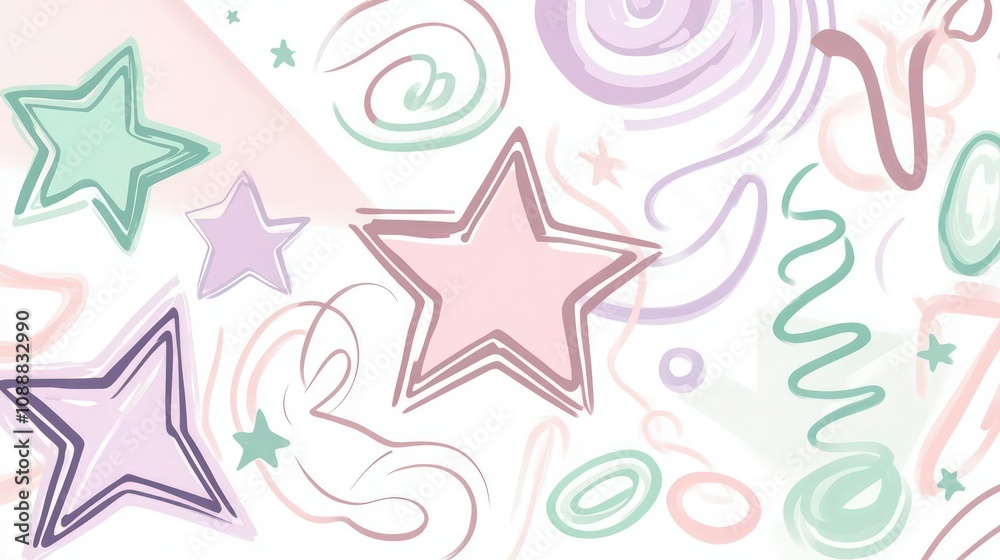 Fototapeta premium Pastel stars and abstract doodle swirls are isolated on a white background for use in children's book illustrations and nursery branding.
