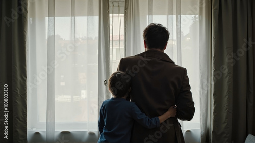 Father and son looking out window