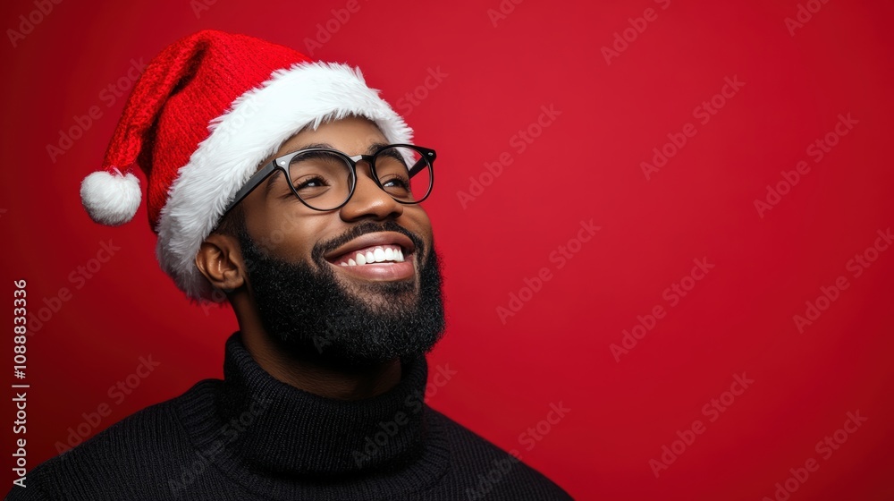 © Anastasiia K. - joyful handsome black man in santa claus hat isolated on bright red background, copy space. man in new year christmas hat