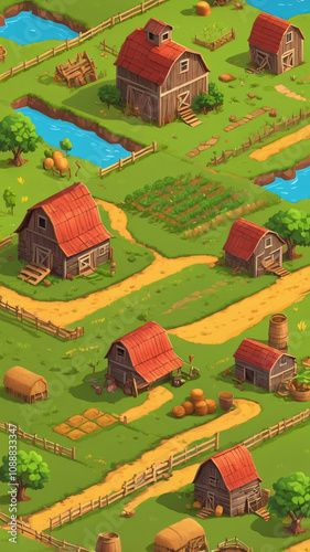 Farm and field, mobile game asset. Game environment set, hay day, stared valley style