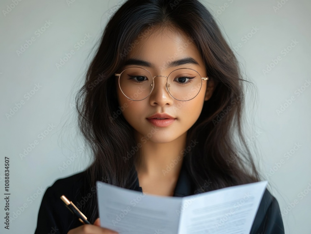Contemporary Female Professional with Pen and Paper, Blurred Background Focus on Her Face Contemporary Female Professional with Pen and Paper, Blurred Background Focus on Her Face