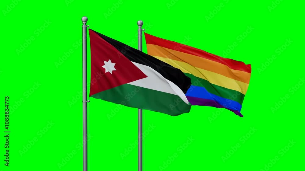 LGBT movement flag also Gay Pride and Jordan two flags waving cycle looped video, tolerance conception in country