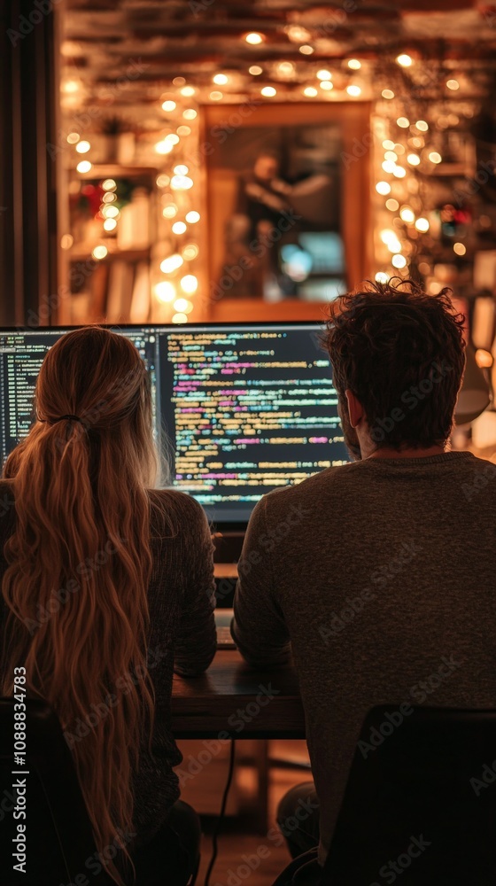 A male and female coder collaborate intensely over a computer, demonstrating the essence of teamwork and innovative problem-solving in a creative workspace setting.