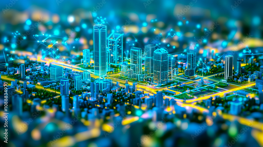 Obraz premium Miniature city with digital grid overlays, glowing lines and futuristic smart technology.