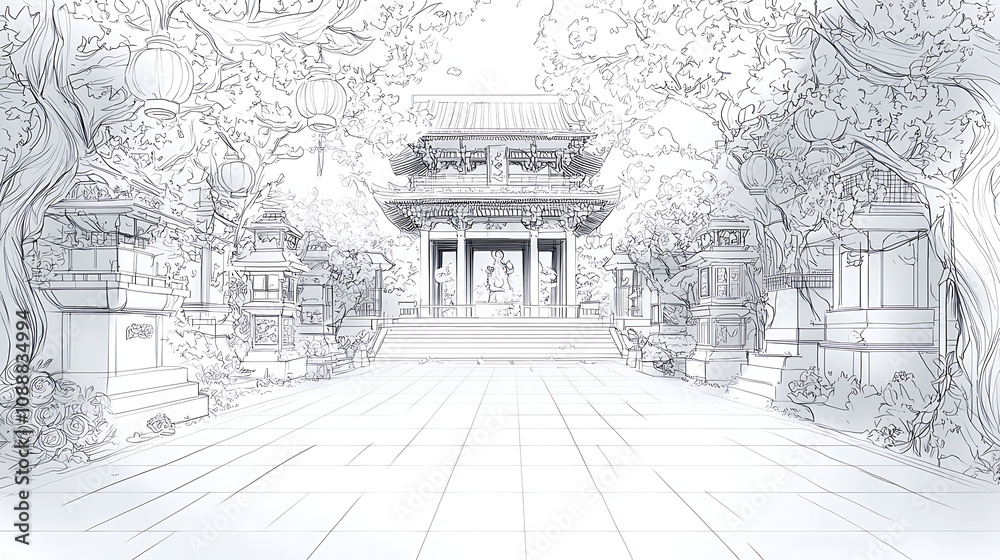 Fototapeta premium serene line art illustration of Japanese temple gate surrounded by lush trees and lanterns, capturing tranquil atmosphere