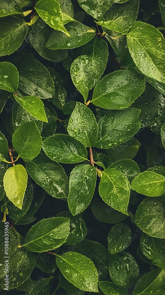 Green Leaves with Water Droplets: A Close-Up Macro Photography