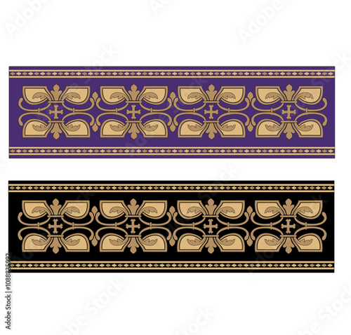 GOLD EMBROIDERY FOR LITURGICAL CLOTHES AND SACRED CEREMONIES. SACRED CATHOLIC SYMBOLS IN ANCIENT STYLE WITH GOLDEN DECORATIONS