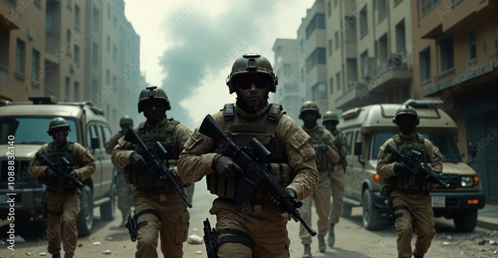 Squad of armed soldiers advancing on city street during military operation Squad of armed soldiers advancing on city street during military operation