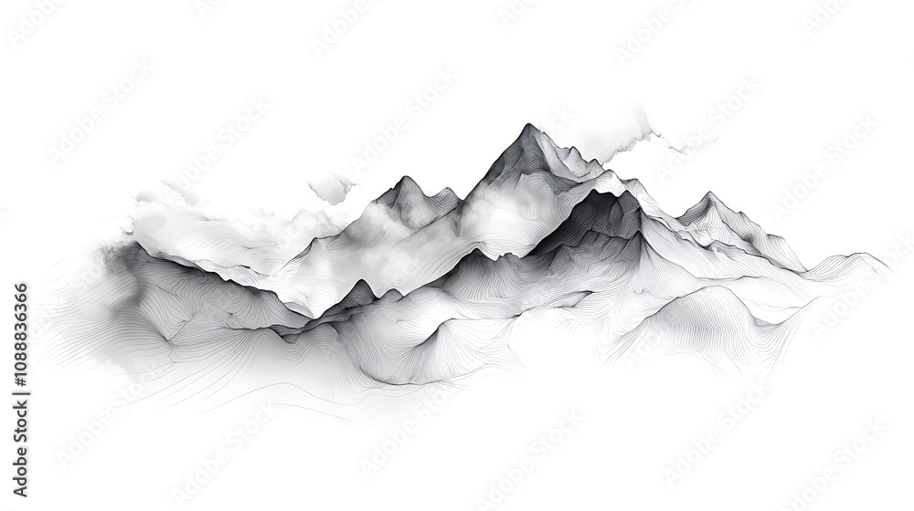 Line art of Japanese mountains layered in soft clouds, creating serene and tranquil atmosphere. intricate details highlight beauty of nature
