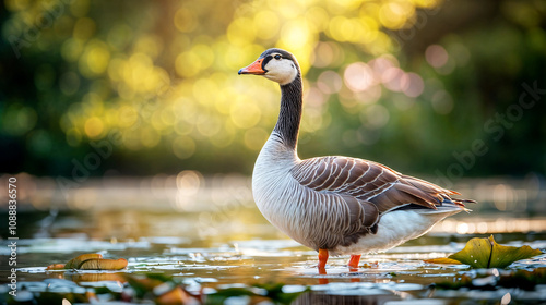 Majestic Goose Standing in a Serene Pond with Vibrant Green Bokeh and Lily Pads photo