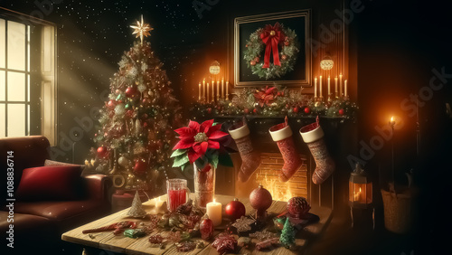 In a warm house, Christmas stockings, Christmas tree and ornaments hanging on the fireplace