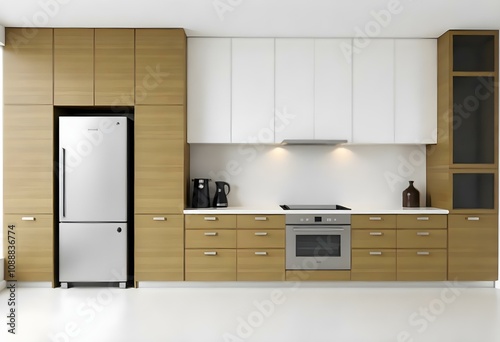 A modern kitchen with white walls, light wood cabinets, and stainless steel appliances. The kitchen has a minimalist and clean design