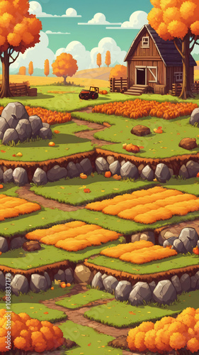 Farm and field, autumn season.mobile game asset. Game environment set, hay day, stardew valley style