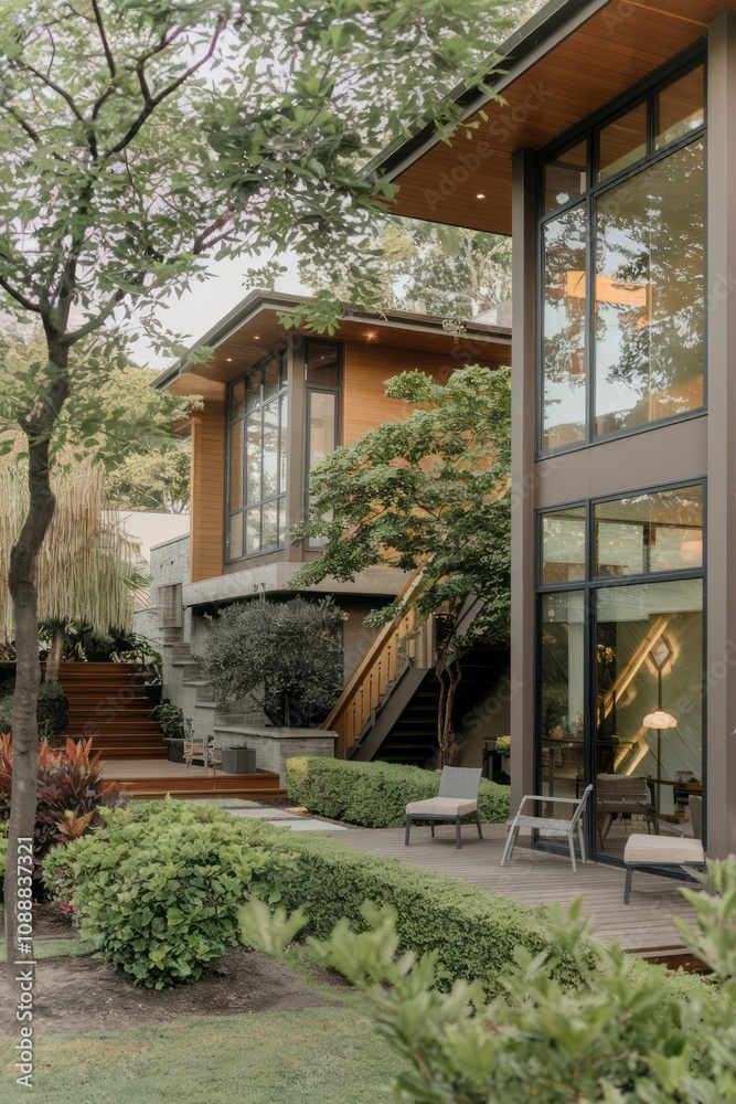 Obraz premium Modern Contemporary Home with Floor-to-Ceiling Windows and Beautiful Landscaping