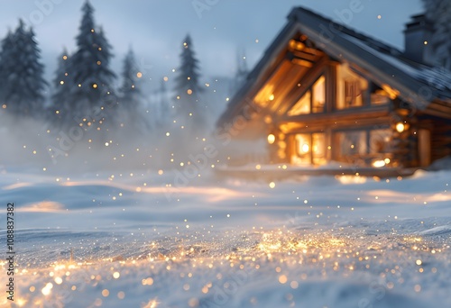 Glittering Winter Wonderland with Golden Sparkles, Snow, and Luxurious Wooden Cabin