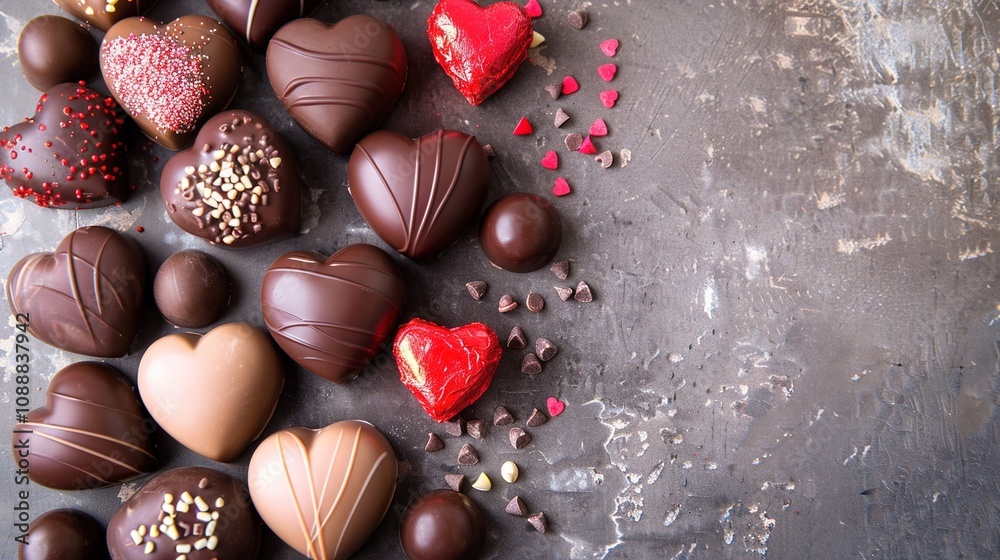 Heart-shaped chocolates arranged on a minimalist background. Valentine's Day card, chocolate brand advertising, food, graphic design, love, romance, sweetness, happiness, festival, celebration Heart-shaped chocolates arranged on a minimalist background. Valentine's Day card, chocolate brand advertising, food, graphic design, love, romance, sweetness, happiness, festival, celebration