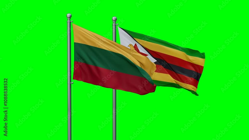 Zimbabwe and Lithuania flags flying together, video concept of the relationship with colored chroma key for easy background remove, two country cooperation concept Zimbabwe and Lithuania flags flying together, video concept of the relationship with colored chroma key for easy background remove, two country cooperation concept